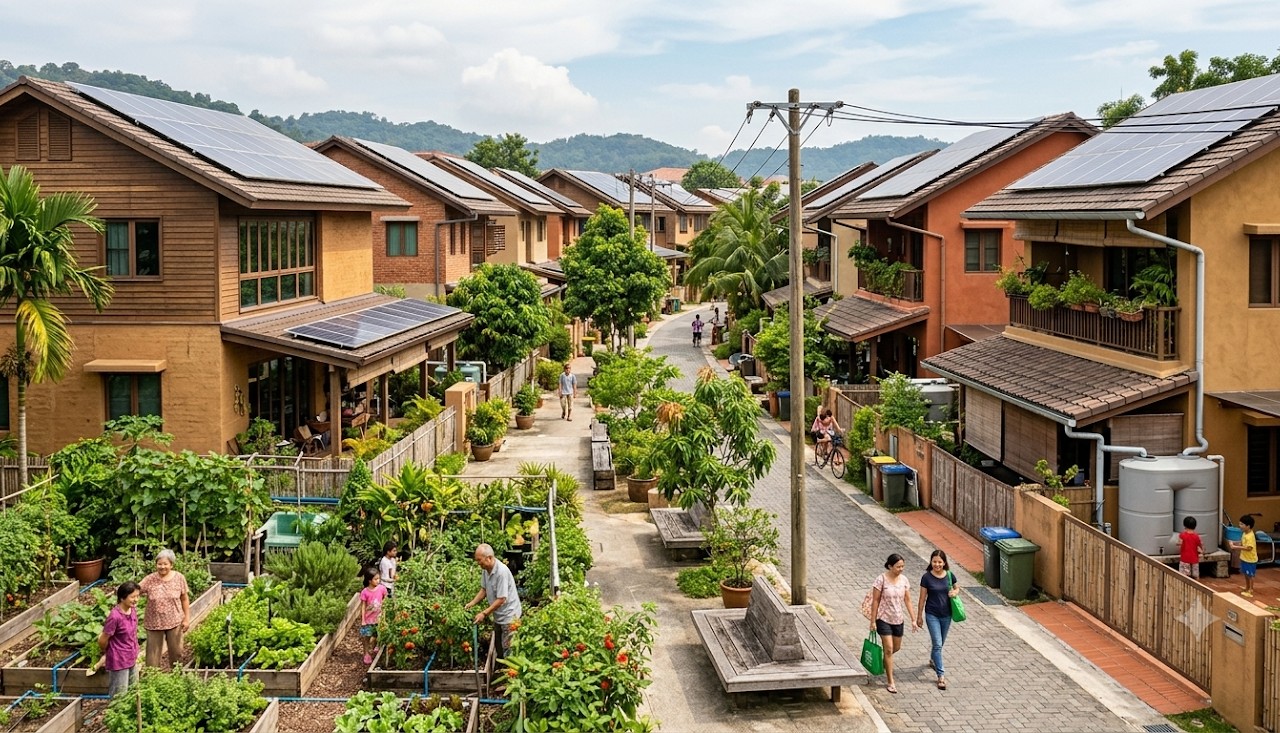 A solar-powered residential community in ASEAN with shared gardens and walkable streets