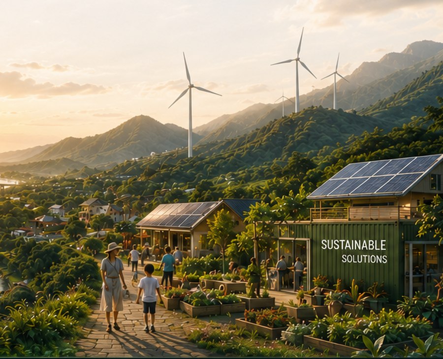 A family walking through a community garden with solar panels and wind turbines in the background