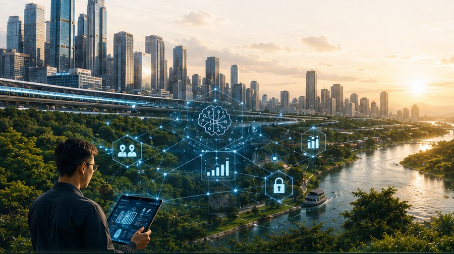 A professional reviewing AI-driven business insights against a city skyline