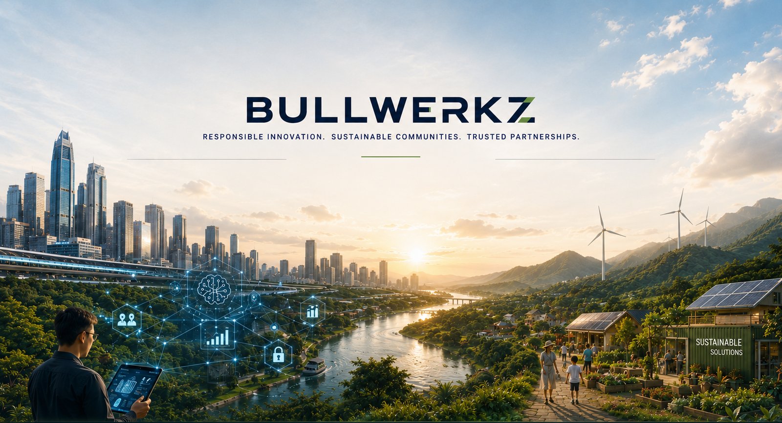 Bullwerkz — Responsible Innovation. Sustainable Communities. Trusted Partnerships. A city skyline giving way to a green, sustainable community landscape.