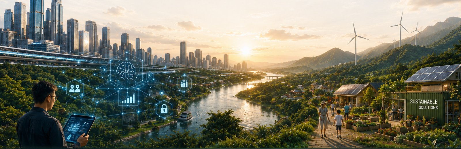 A city skyline giving way to a green, sustainable community landscape