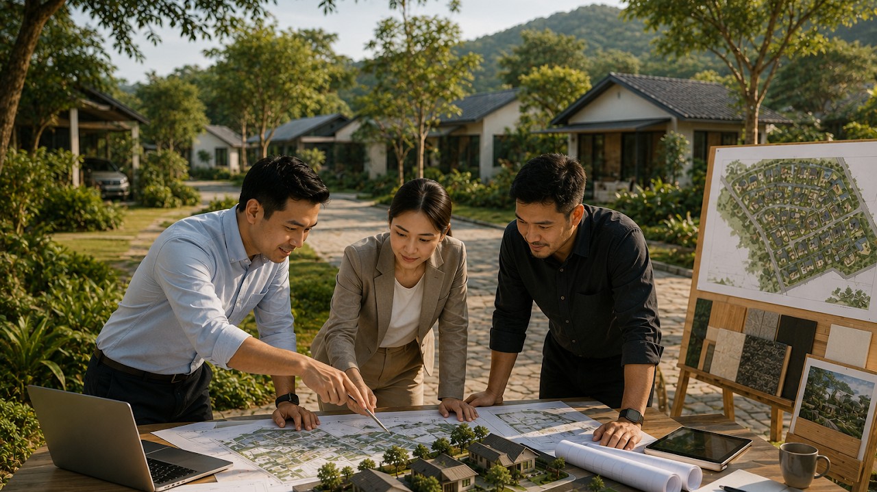 Reviewing a sustainable community site plan and material selections on-site